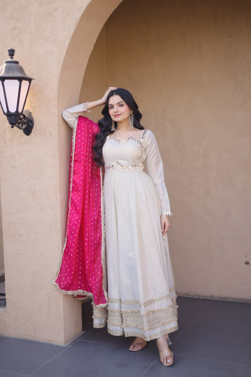 White Mirror Work Gown with Contrast Moss Butti Dupatta