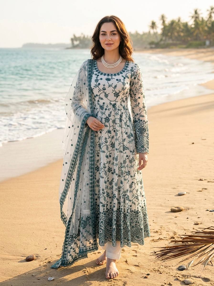 Premium Faux Georgette Embroidered Anarkali Gown with Pent Set