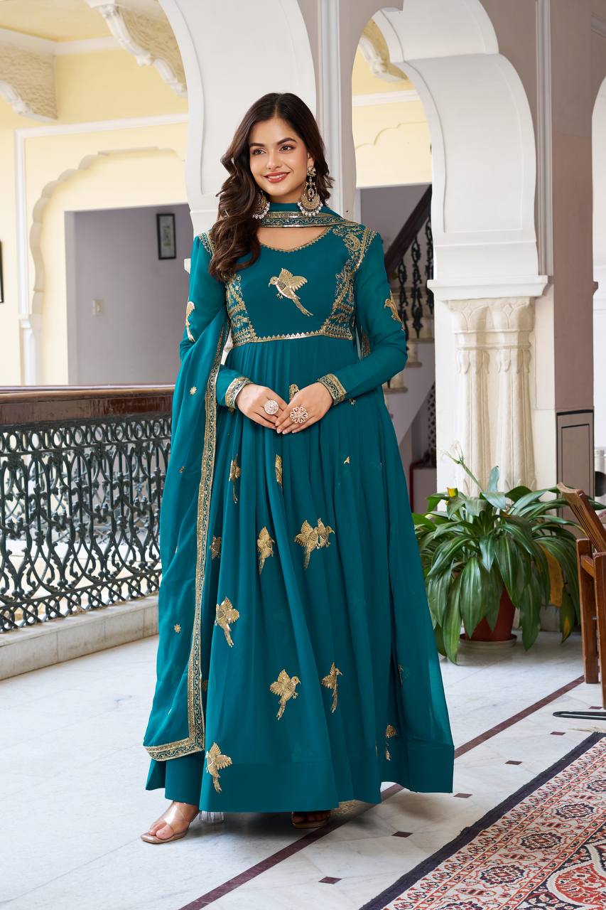 Faux Georgette Embroidered Gown with Sequin Work & Dupatta
