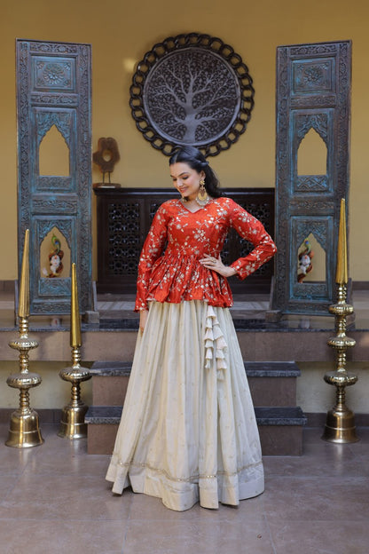 Sequins Embroidered Peplum Top with Flared Lehenga Set