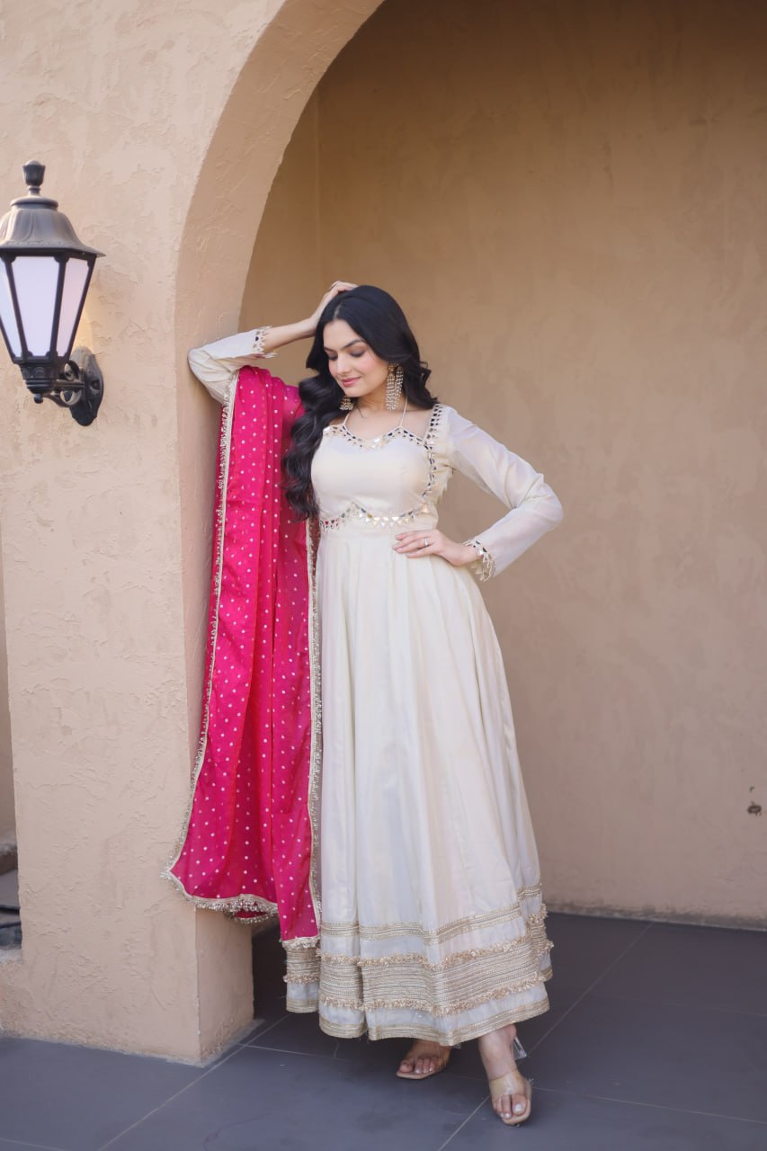 White Mirror Work Gown with Contrast Moss Butti Dupatta