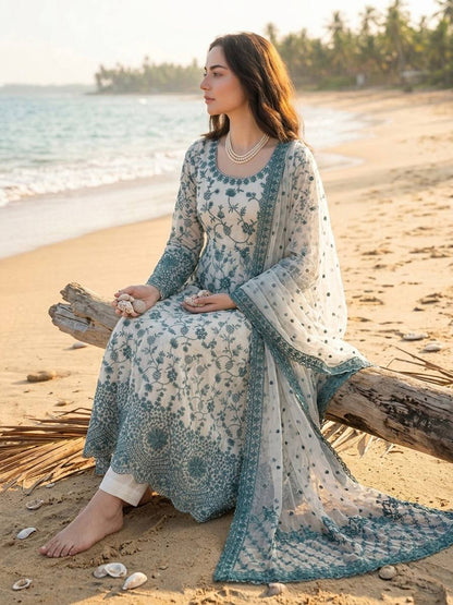 Premium Faux Georgette Embroidered Anarkali Gown with Pent Set
