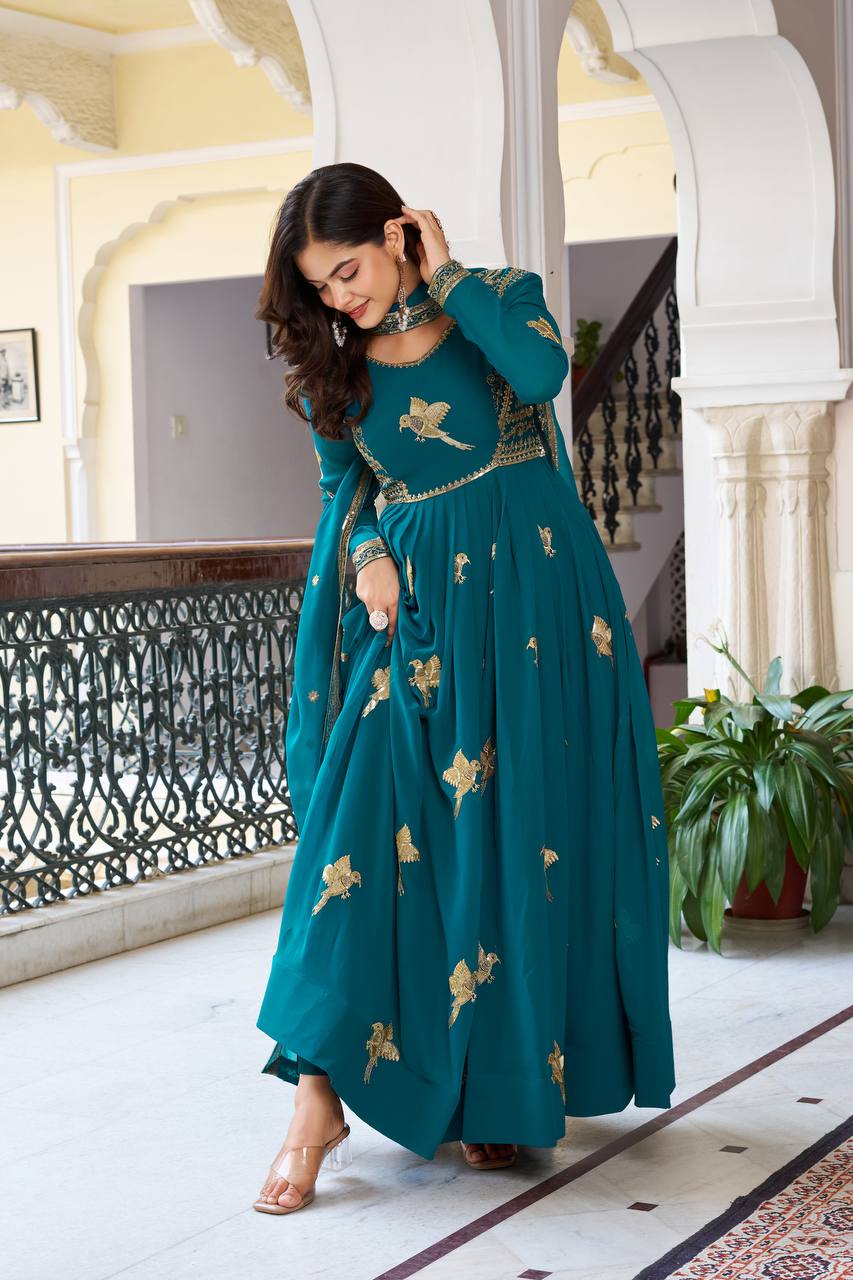 Faux Georgette Embroidered Gown with Sequin Work & Dupatta