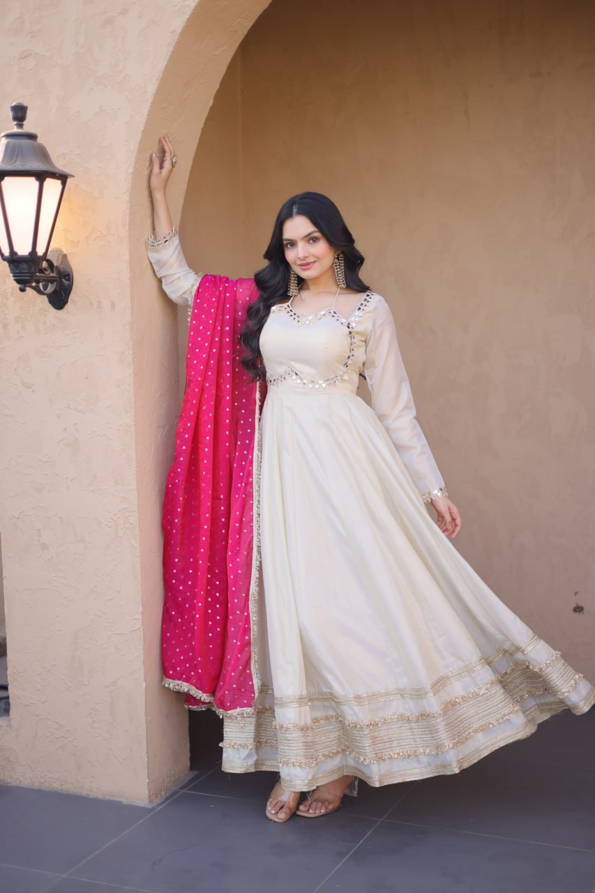 White Mirror Work Gown with Contrast Moss Butti Dupatta