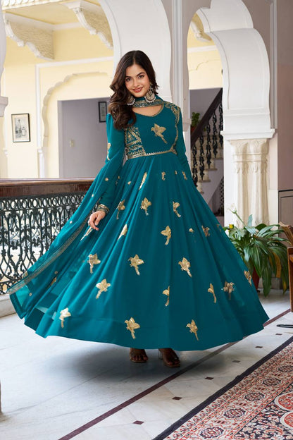 Faux Georgette Embroidered Gown with Sequin Work & Dupatta