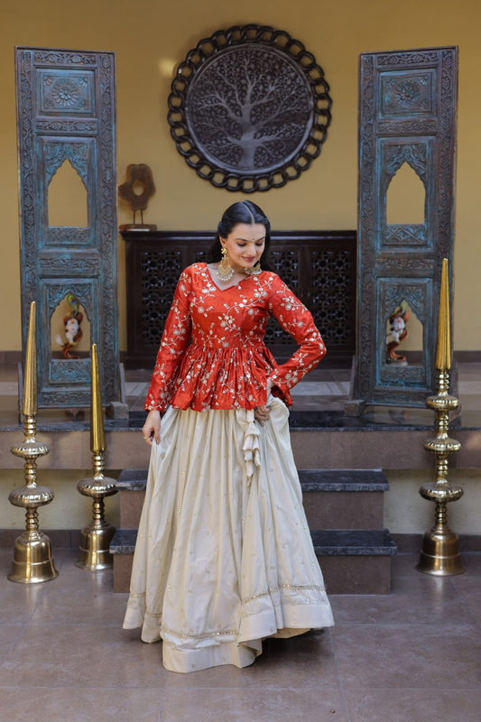 Sequins Embroidered Peplum Top with Flared Lehenga Set