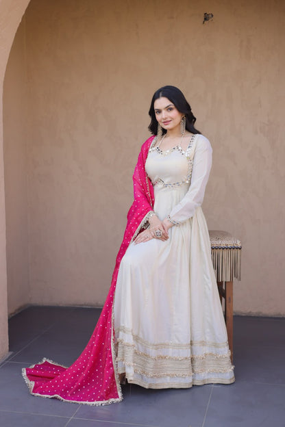 White Mirror Work Gown with Contrast Moss Butti Dupatta