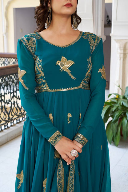 Faux Georgette Embroidered Gown with Sequin Work & Dupatta